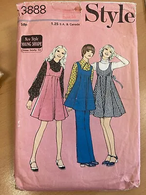 Vintage 1970's Style 3888 Sewing Pattern 34  Empire Line Pinafore Dress Trousers • £4.95