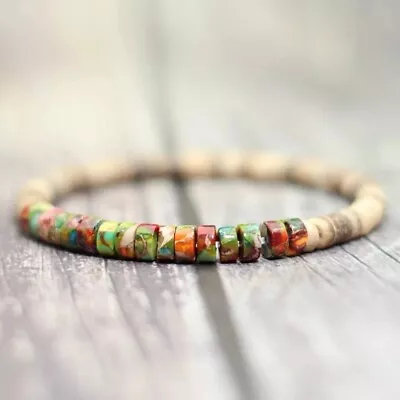 Natural Imperial Stone Wooden 6mm Beads Healing Women Men Dainty Bracelet Gift • $10.98