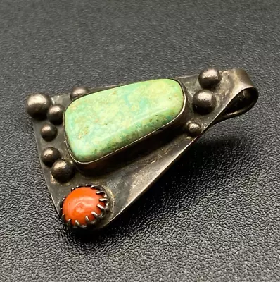 Vintage Southwestern Turquoise Coral Sterling Silver Pendant • $325