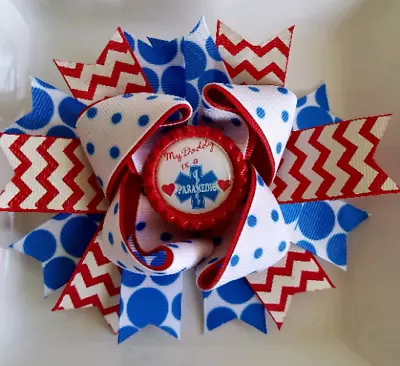 My Daddy Is A Paramedic Red White Blue Bottle Cap Hair Bow 5  • $4.95