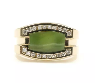 Men's 0.90 Ctw Green Cabochon Jade & 0.30 Ctw Round Diamond 14KT Gold Ring - 11g • $638.95