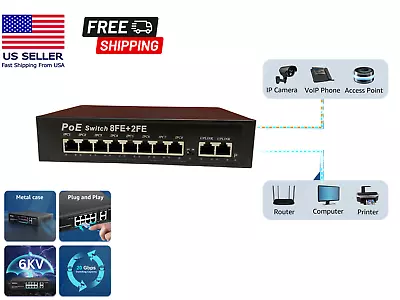 8 Port PoE Switch With 2 Uplink 120W Extend To 250 Meter Unmanaged 803.af/at • $32.99