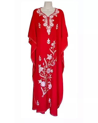 Kaftan Dress (Red With Multi Hand-Embroidered Flowers) • $129