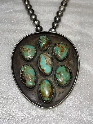 Large Vintage Sterling Silver And Turquoise Pendant Native American 2.5 Inch • $69