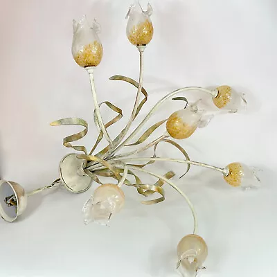 Vintage French Cream & Gold Col Metal Leaves Toleware Statement Ceiling Light • £86