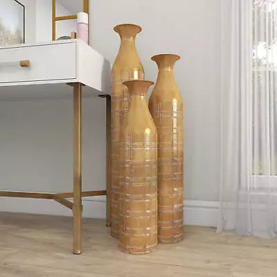 35  30  25 H Tall Distressed Metallic Gold Metal Vase W/ Etched Grid Patterns • $89.77