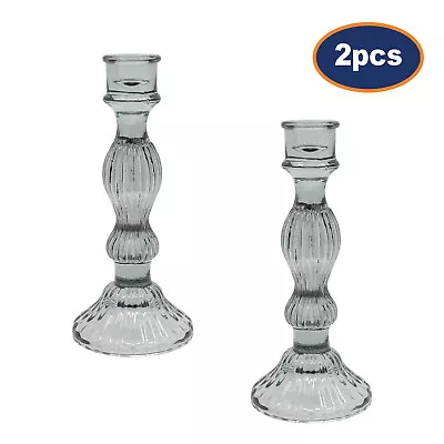 2pc Grey Taper Candle Holder Glass Tall Vintage Table Tabletop Party Dinner Home • £10.95