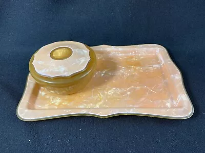 Vintage Pink Vanity Tray & Hair Receiver Box Butterscotch Bakelite Or Celluloid  • $12.99