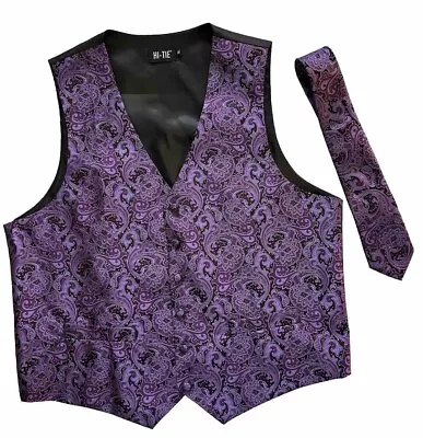 Mens Purple Black Paisley Silk Suit Vest & Tie Set Waistcoat XL Formal Wedding • $15.99