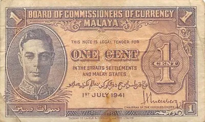 Malaya  1  Cent  1.7.1941  P 6  Kg. G. VI  Circulated Banknote Z1 • $12