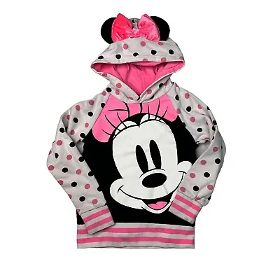 Disney Minnie Mouse Bow & Ear Hoodie Sweatshirt Polka Dot Sleeve FLAW Girls 5/6 • $15.39