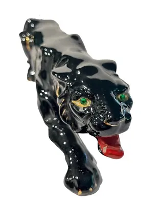 Vintage MCM Prowling Black Panther With Green Eyes Red Clay Figurine  16  Long • $75