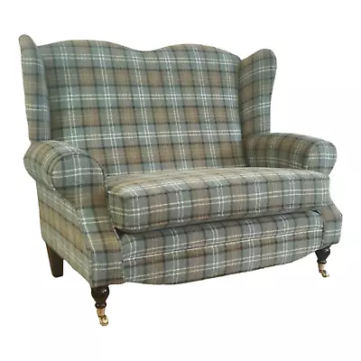 Wing Back Queen Anne Cottage Two Seater Sofa In Duck Egg Blue Lana Tartan • £819