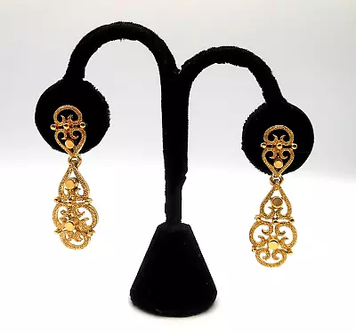 Vintage Crown Trifari Openwork Matte Textured & Polished GP Dangling Earrings • $27