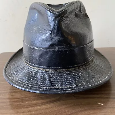 Vintage United Hatters Cap And Millinery Hat Black Leather Fedora Union Made USA • $18