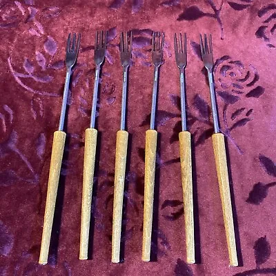 Vintage Set Of 6 INOX France Mid Century Modern Wood Handles Fondue Forks 10  • $45