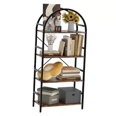 Bookshelf 24 Inch Width Industrial Arched Bookcase Vintage 4-Tier Brown • $79.98