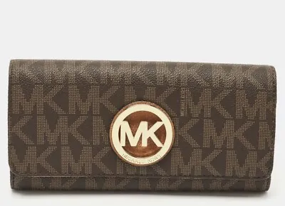 Michael Kors Beige/Brown Signature Coated Canvas Fulton Flap Continental Wallet • $78.24