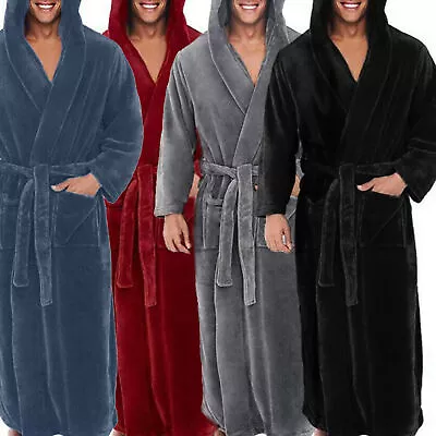 Men Soft Coral Fleece Solid Color Pockets Long Bath Robe Home Gown Sleepwear New • $43.44