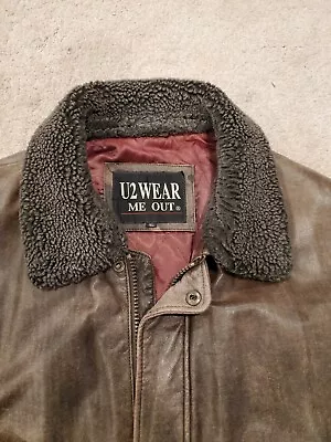 VTG Brown Leather Bomber Jacket U2 WEAR ME OUT Size XL Faux Fur Collar • $45