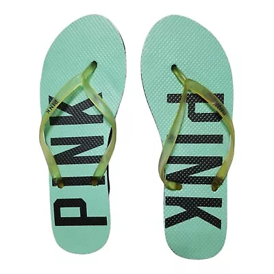 Victoria's Secret LOVE PINK Flip Flop Sandals Black Mint Green Logo Women's Sz.S • $14.95