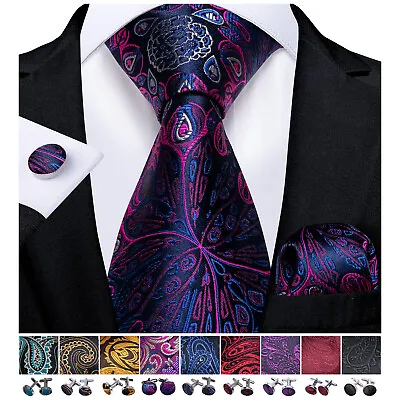 Mens Silk Tie Set Red Necktie Hanky Cufflinks Solid Paisley Floral Wedding Party • $11.99