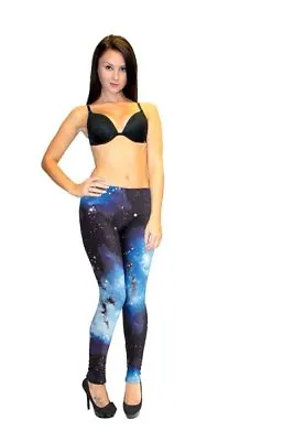 Women's Unique Blue Green Pink Galaxy Planets Printed Leggings Size 8-22 • £19.99