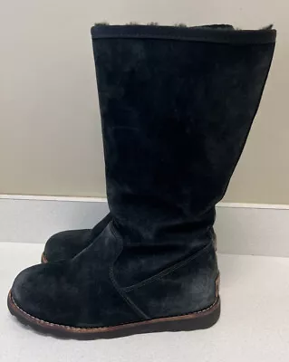 UGG Boots Etta Womens Size 5 Black Suede Leather Sheepskin Zip Up Winter 1001878 • $29.99