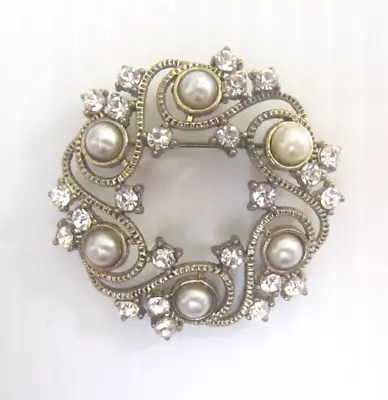 Vintage Gold Tone White Pearl & Clear Rhinestone Monet Signed Brooch Pin ☆ • $18.95