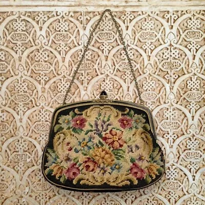 VTG Petit Point Needlepoint Purse Floral Roses Goldtone Frame (Made In Austria) • $48