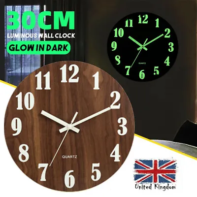 £11.95 • Buy Glow In Dark Wall Clock Luminous Quartz Wooden Non Ticking Home Decor 12''/30cm