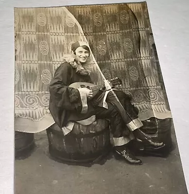 Rare Antique American Jester Costume Woman With Instrument Snapshot Photo! US! • $14.99