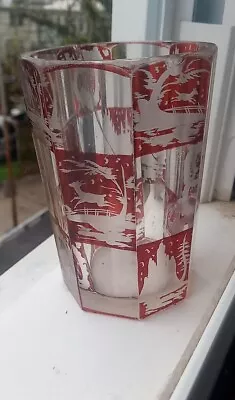 Antique Bohemian Moser Cranberry Art Glass Engraved And Cut-to-Clear  Deco Vase  • $29