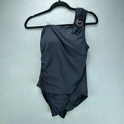 Michael Kors Swimsuit 10 Black One Shoulder 1 PC Bathing Suit Gold Logo Ring • $29.99