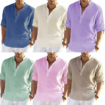 Dress Shirt Men Long Sleeve Tops Blouse Linen Shirt Solid Loose Casual Summer • $13.39