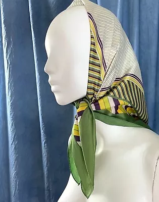 Vintage 1970's Scarf Head Wrap Green Geometric Square Large Accessory • $39.95