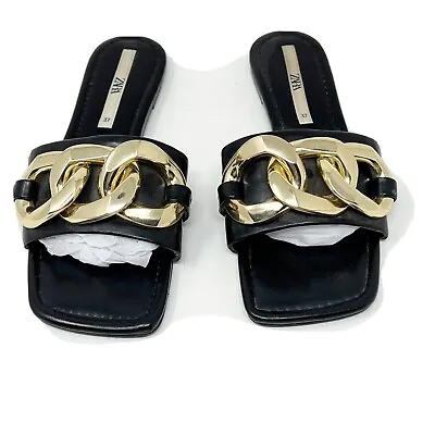 $45 • Buy Zara Women’s Shoes Sandals Slide Size EU 37  7 Black Gold Chain Buckle  RARE