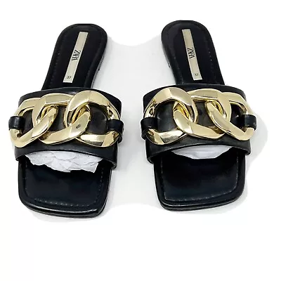 Zara Women’s Shoes Sandals Slide Size EU 37  7 Black Gold Chain Buckle  RARE • $24