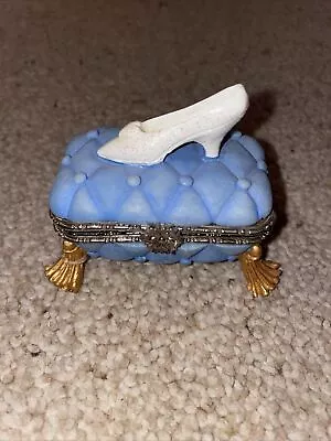 VTG Blue Trinket Box W/ Gold Legs & Hinged Lid W/ White Shoe Cinderella Princess • $25