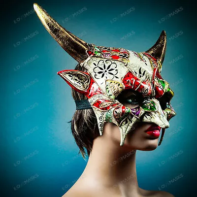 Gold Devil Demon Sharp Horn Party Masquerade Mask Halloween Cosplay Costume • $39