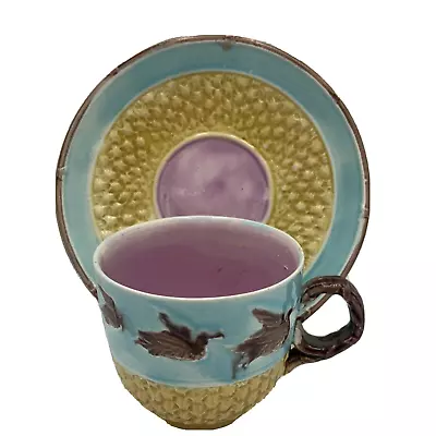 Antique Majolica Tea Cup & Saucer Birds & Flowers Basketweave C.1800s #2 Rare • $140