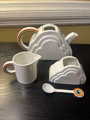 1978 Vandor San Francisc Porcelain Clouds Rainbow Teapot W/O Lid Creamer & Sugar • $250