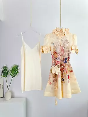 US Zimmermann Lace Collar 3D Floral Short Sleeved Apricot Short Skirt Mini Dress • $360.99