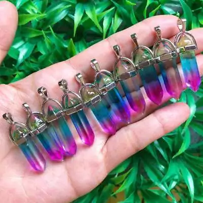 10pcs Rainbow Glass Pendant Crystal Hexagon Chakra Natural Point Bead Gemstone • $0.01