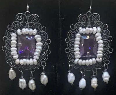 Mexican Sterling Silver Pearl Amethyst Filigree Frida Earrings • $184