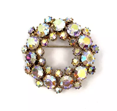 Vintage Weiss Brooch AB Aurora Crystal Rhinestone Circle Wreath Pin Gold Tone • $35