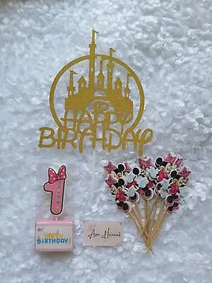 Happy Birthday Number 1 Candle + Disney Castle Cake Topper + Minnie Mouse Picks. • $7.46