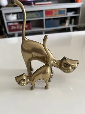 Vintage Brass Cat Figurine Lot Of 2 Ring Holder Paper Weight Mid Century Modern • $37