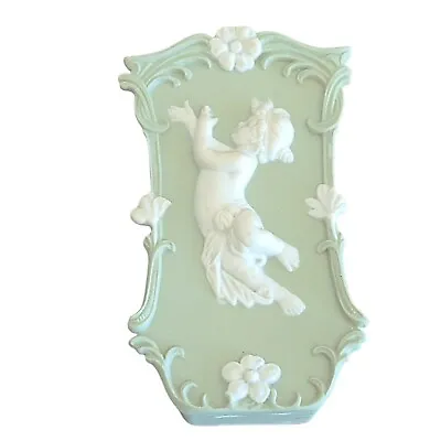 $38 • Buy Vintage Porcelain Wall Pocket Vase Jasperware Green Angel Cherub