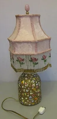 Vtg MEMORY POTTERY SHARD MOSAIC LAMP Boudoir Fine Beaded Fringe Pink Silk Shade • $125